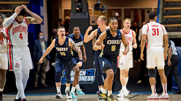 Oral Roberts celebrates an upset of No. 2 seed Ohio State